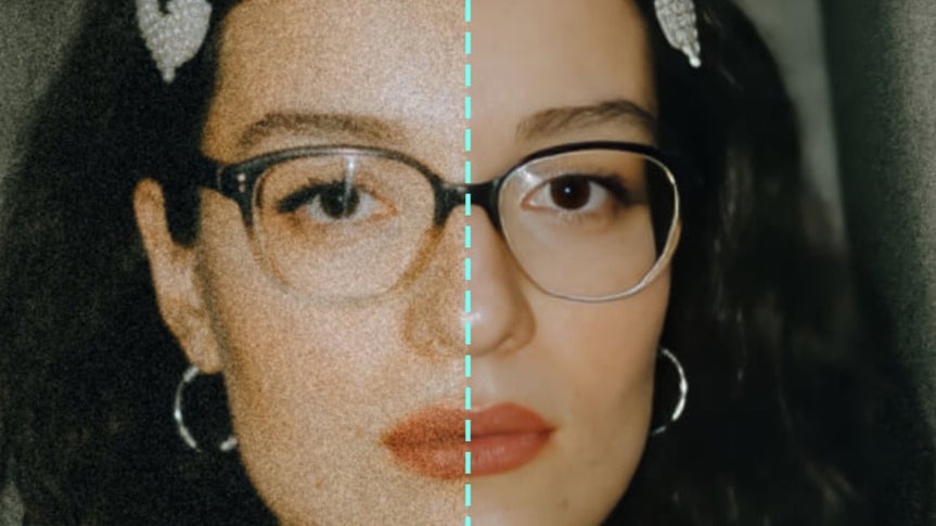 Image of person with glasses split in middle with dashed line. On the left it is grainy, on the right it is clear.
