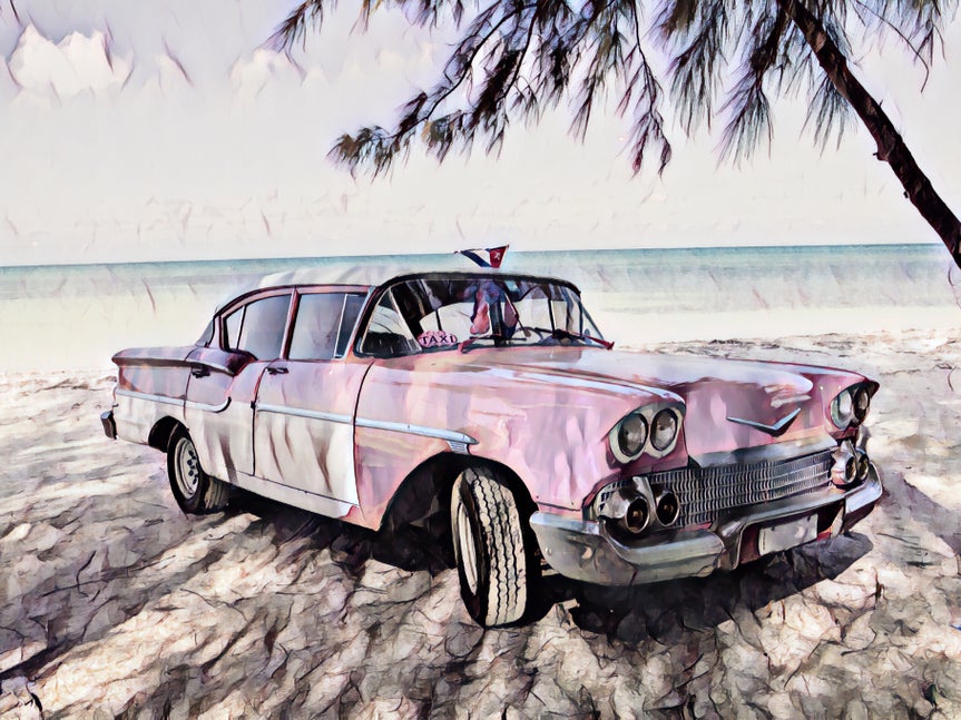 A classic car on the beach with BeFunky's Watercolor DLX 4 Artsy effect applied