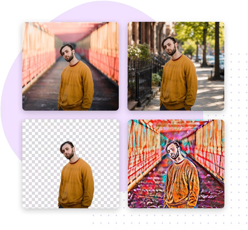 Four edits of a man in a mustard sweater: original photo, new city background, transparent-background cutout, and oil-paint effect.