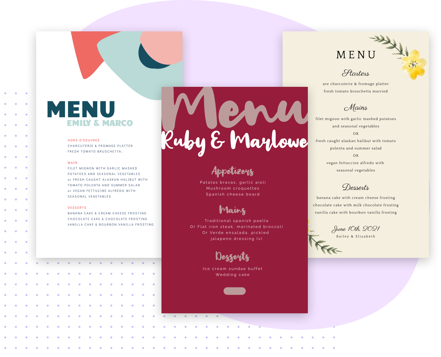Wedding menu templates