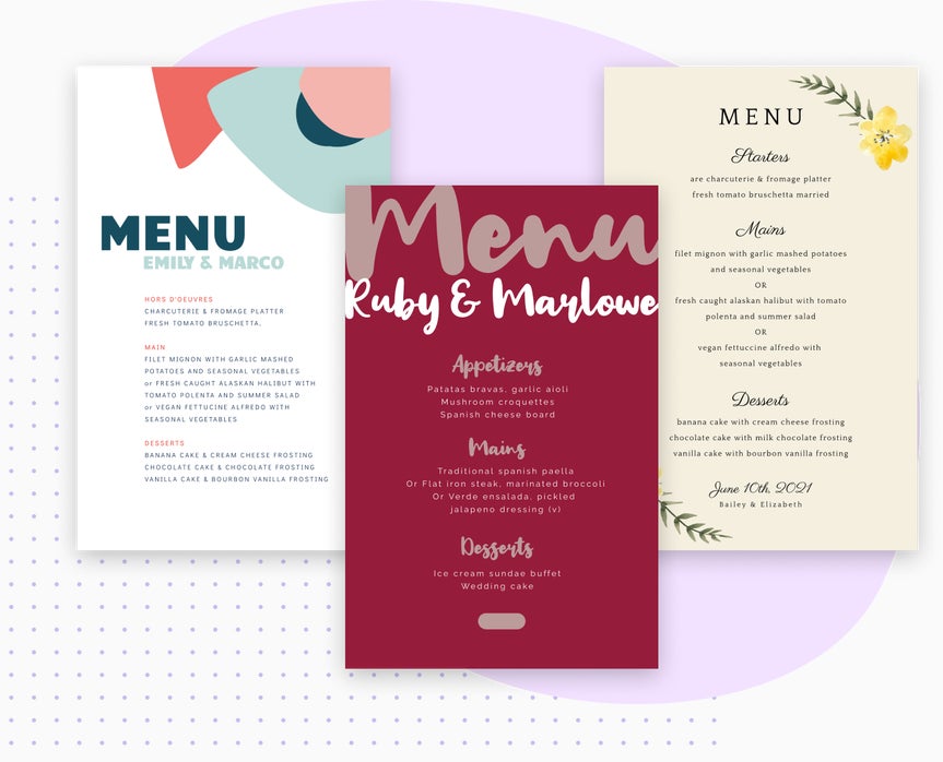 Wedding menu templates