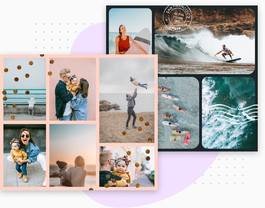 Two collage wizard layouts: left shows family beach photos in soft pink, right shows surfers and ocean waves
