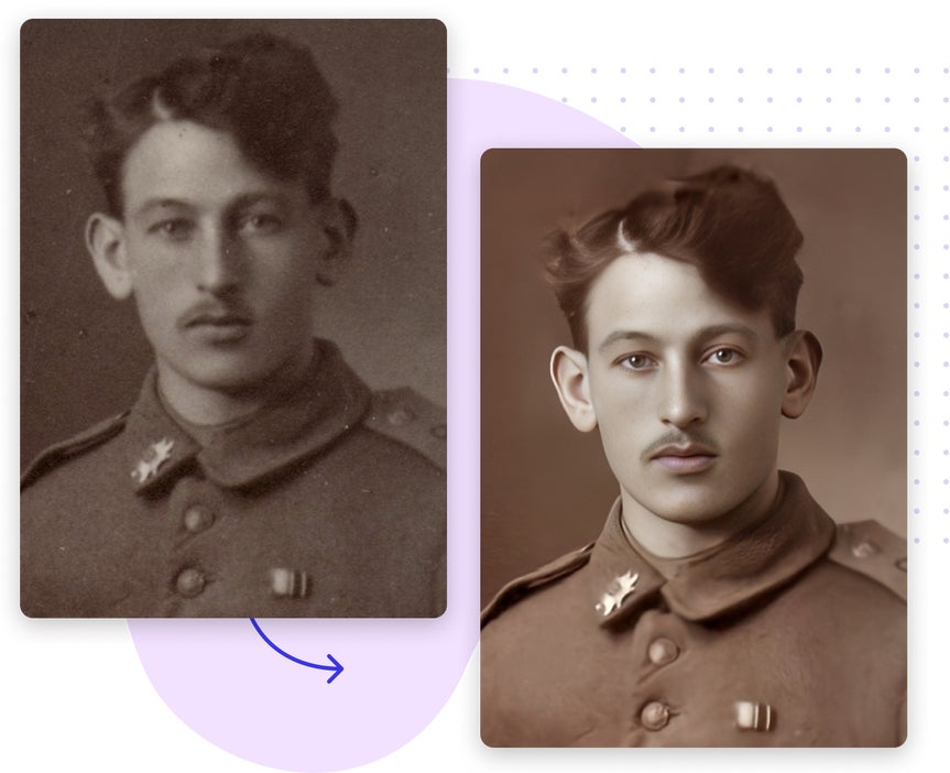 Before and after restoration of a vintage portrait, transforming faded photo into a clear, colorized image