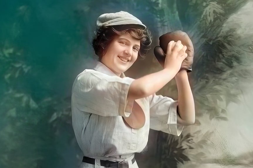 Colorized image of woman posing in baseball uniform