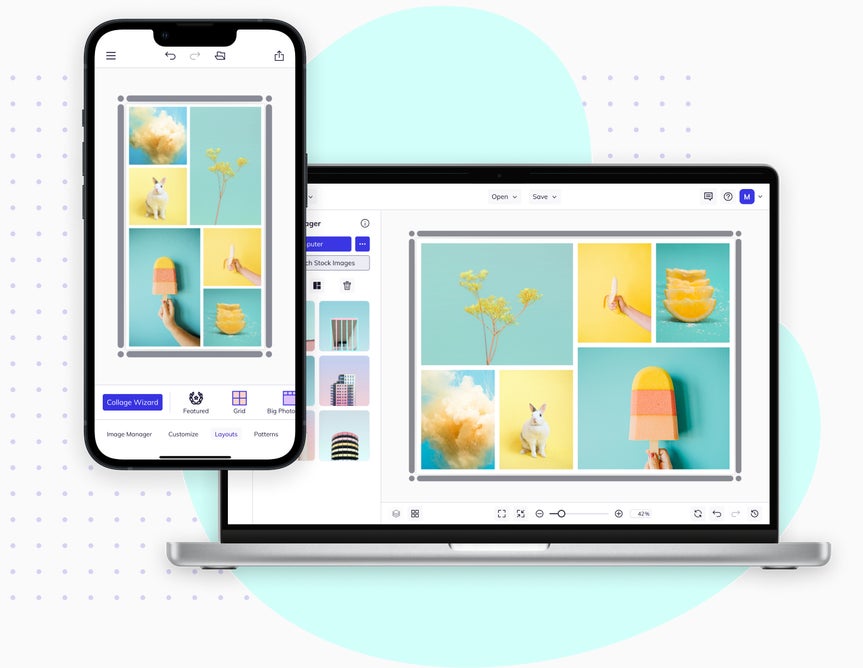 Side-by-side view of BeFunky’s collage maker on mobile app and laptop showing colorful photo grid