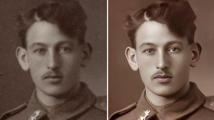 before/after picture showing an old photo of a soldier in sepia tones. photo on right is much more clear