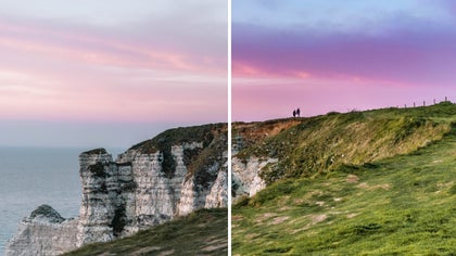 Before and after comparison of a coastal cliff image with enhanced lighting and color corrections