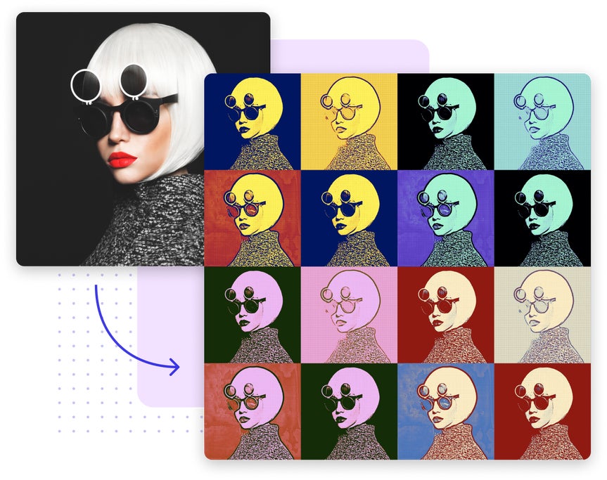 Image of glamorous woman in sunglasses next to a grid of pop art images created with BeFunky's Pop Art effects