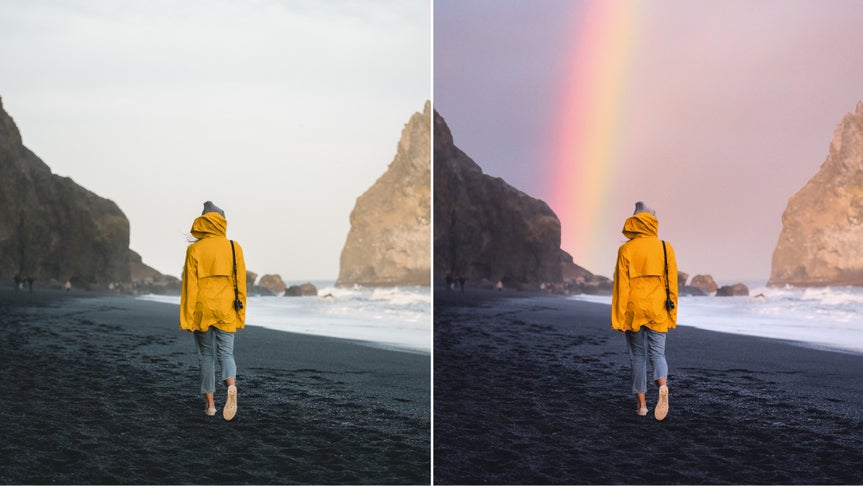 before/after image, before on left showing woman in yellow walking on beach with grey sky. after image shows a sky with a rainbow 