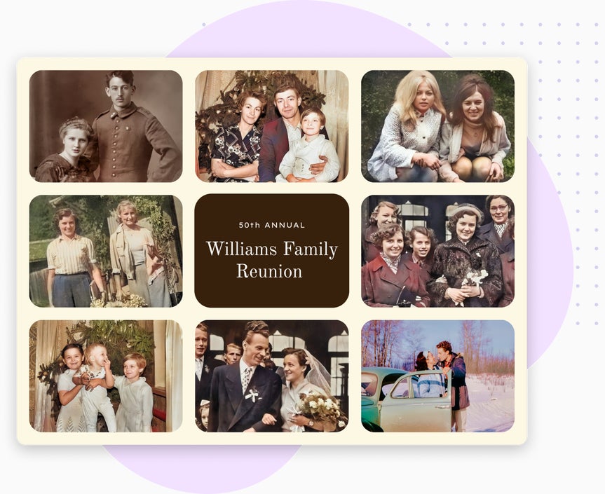 Family collage design featuring multiple restored images using a photo restoration tool