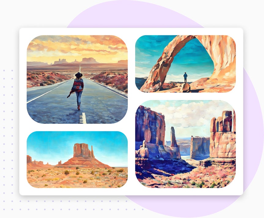 Collage of desert landscapes, including a person on a road, a man under a rock arch, a lone mesa, and towering canyon walls, in vibrant hues.