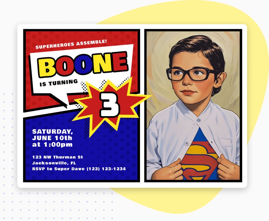 Superhero-themed birthday invite for Boone's 3rd birthday with cartoon portrait and comic book design