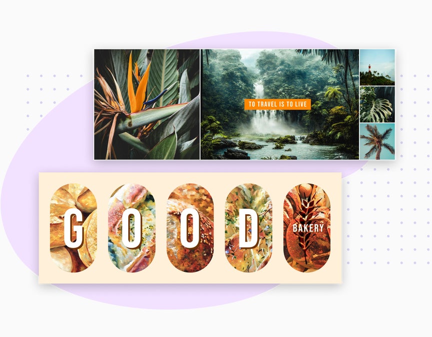 Two creative banner designs made with BeFunky’s collage maker, featuring a travel-themed collage and a bakery-themed text design.