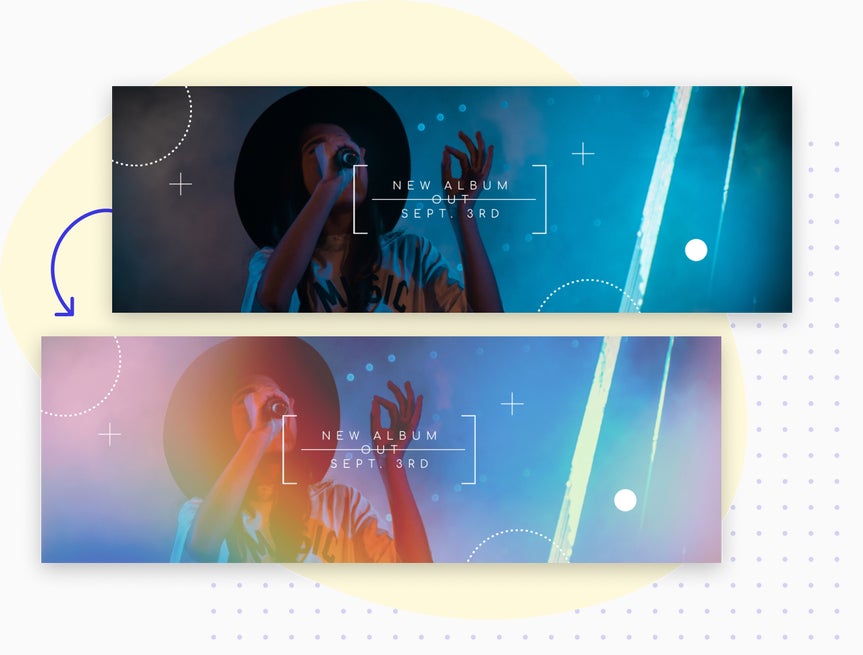 Before-and-after comparison of a music album banner, showing how BeFunky’s photo editor enhances colors and lighting for a more vibrant banner design