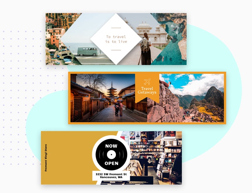 Three social media banner templates featuring travel themes and a record store opening, showcasing creative design options.