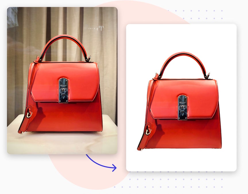 Before-and-after comparison of a red handbag, showing the original photo and a version with the background removed.