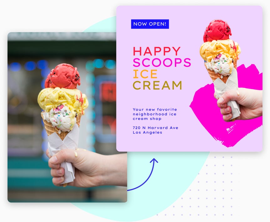 Before-and-after of an ice cream cone, showing the original photo and its use in a design project after background removal.