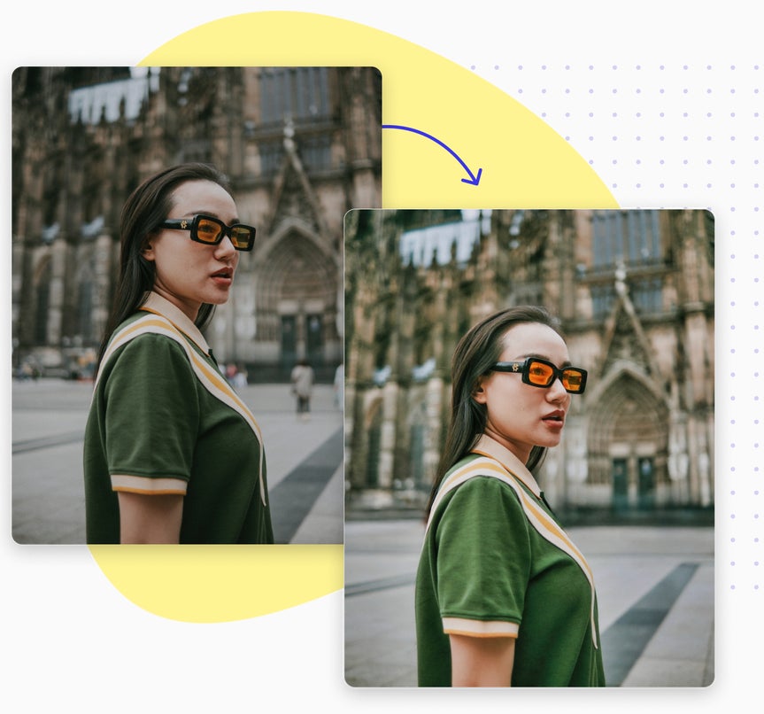 Side-by-side portrait touch up showing color correction and lighting improvements