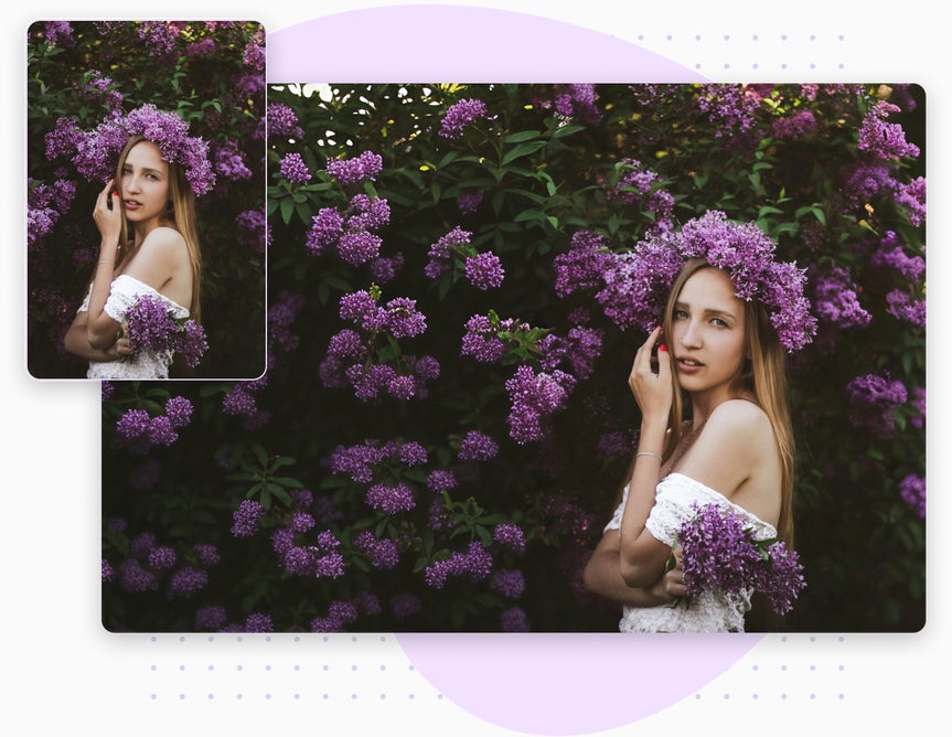 Portrait of woman surrounded by lilacs extended seamlessly with ai image extender
