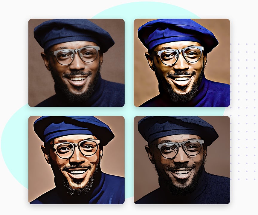 Four side-by-side portraits of a man wearing glasses and a beret, transformed using BeFunky's Cartoonizer effects, showcasing various styles of turning a photo into a cartoon.