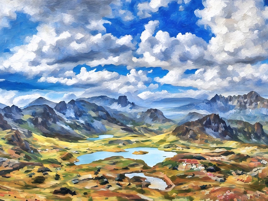 Same mountain landscape after applying an impressionist artsy effect