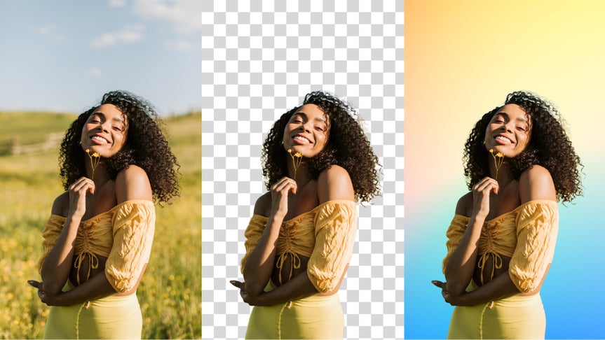 Photo split in 3, same portrait of woman in each. Left frame she is on a field, middle is transparent, middle is on a color gradient