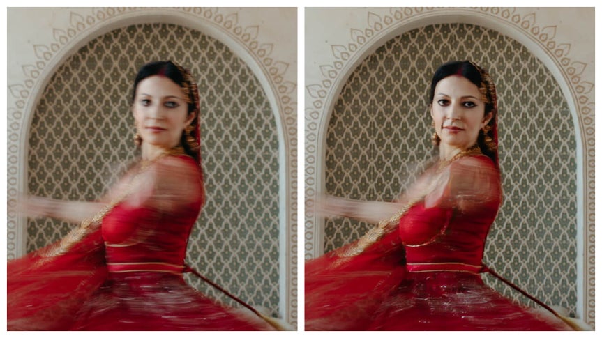 Same image shown twice, one on left is blurry, one on right is clear. Image is of a belly dancing person