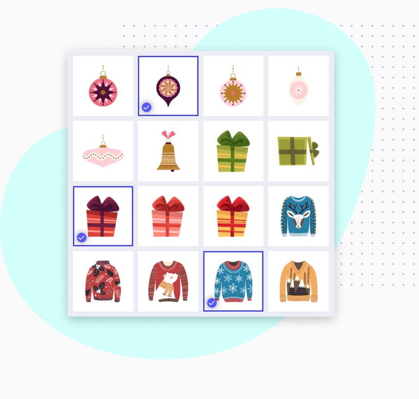 Selection grid of festive graphics including ornaments, gifts, and sweaters for customizing holiday cards