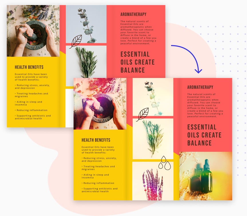 Before and after using photo editor in an aromatherapy brochure with bold colors and layout