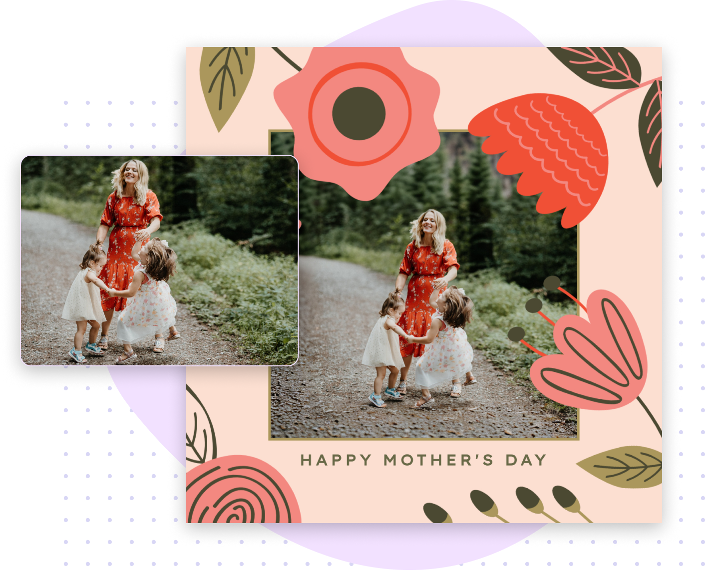 Mother's Day photo with kids expanded using ai image extender for a floral social post