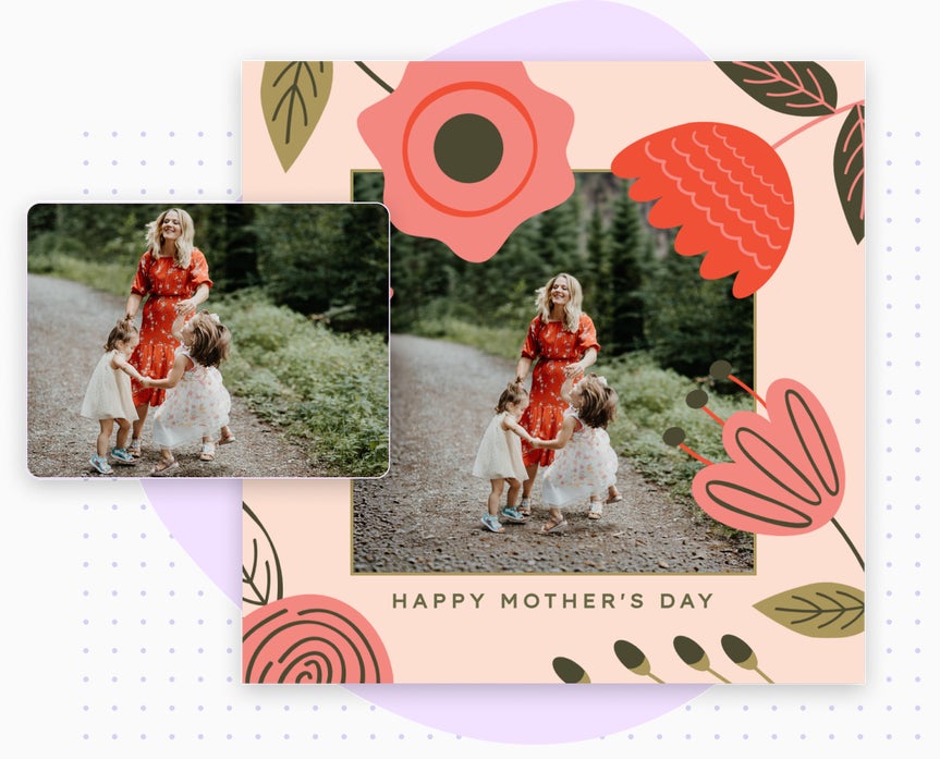 Mother's Day photo with kids expanded using ai image extender for a floral social post