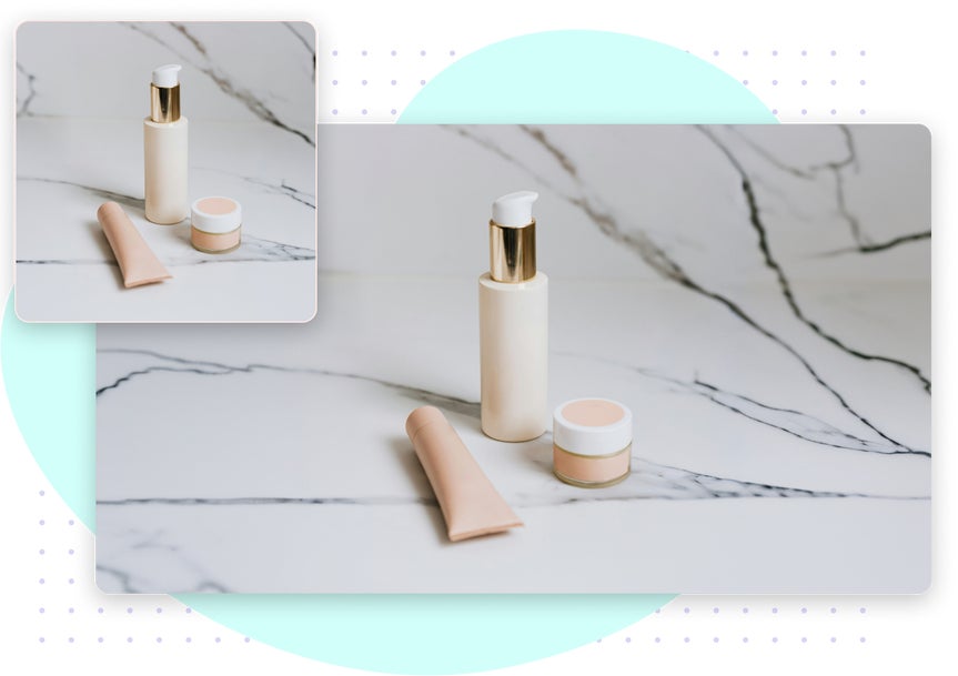 Beauty flat lay of skincare products extended on marble background using expand ai