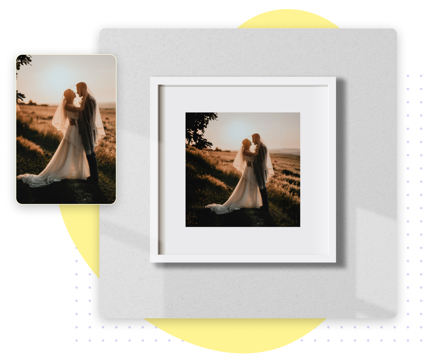 Framed wedding photo expanded using ai image extender to fit in a square frame