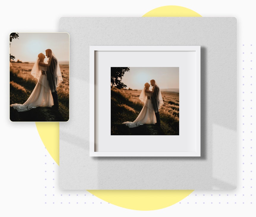 Framed wedding photo expanded using ai image extender to fit in a square frame