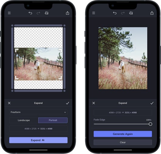 Mobile interface showing couple photo being resized and enhanced using expand ai tool