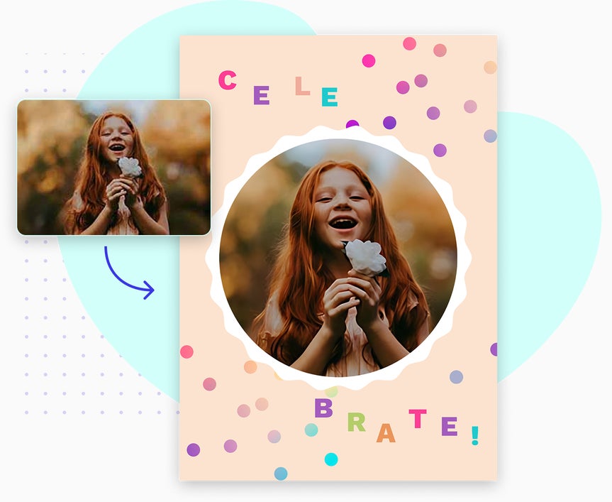 Photo of smiling girl upscaled and framed for celebration card design