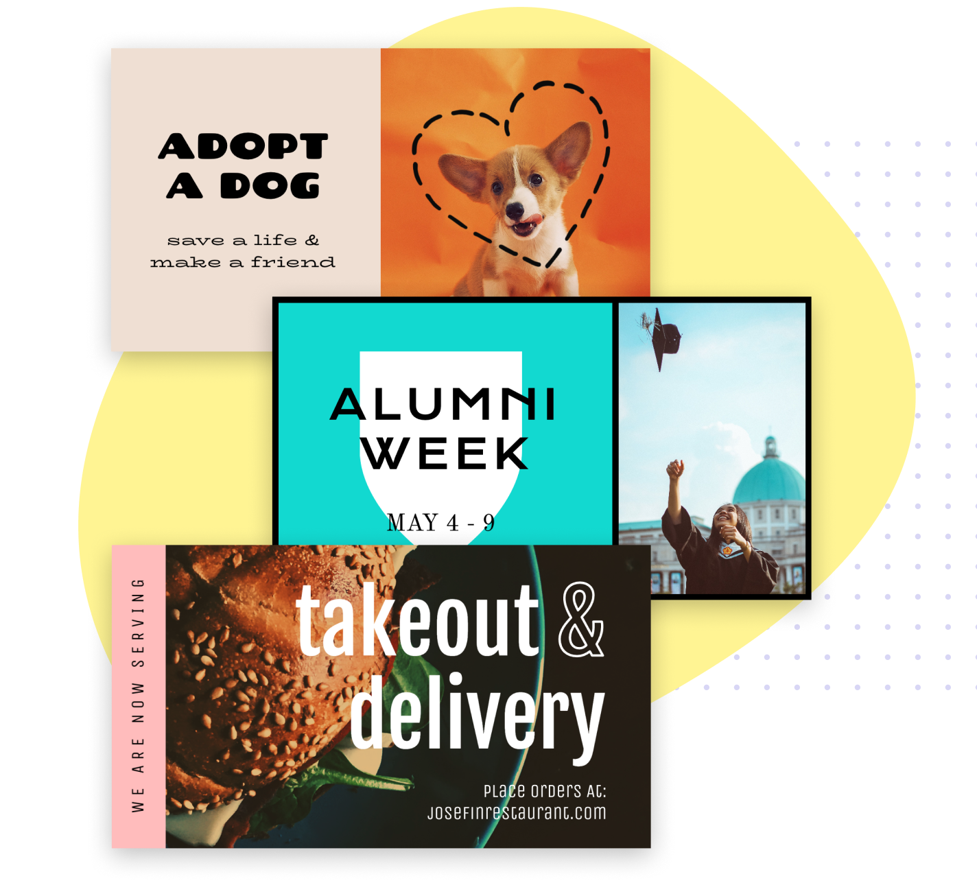 Set of Twitter templates for adopt-a-dog campaign, alumni week celebration, and takeout and delivery promotion