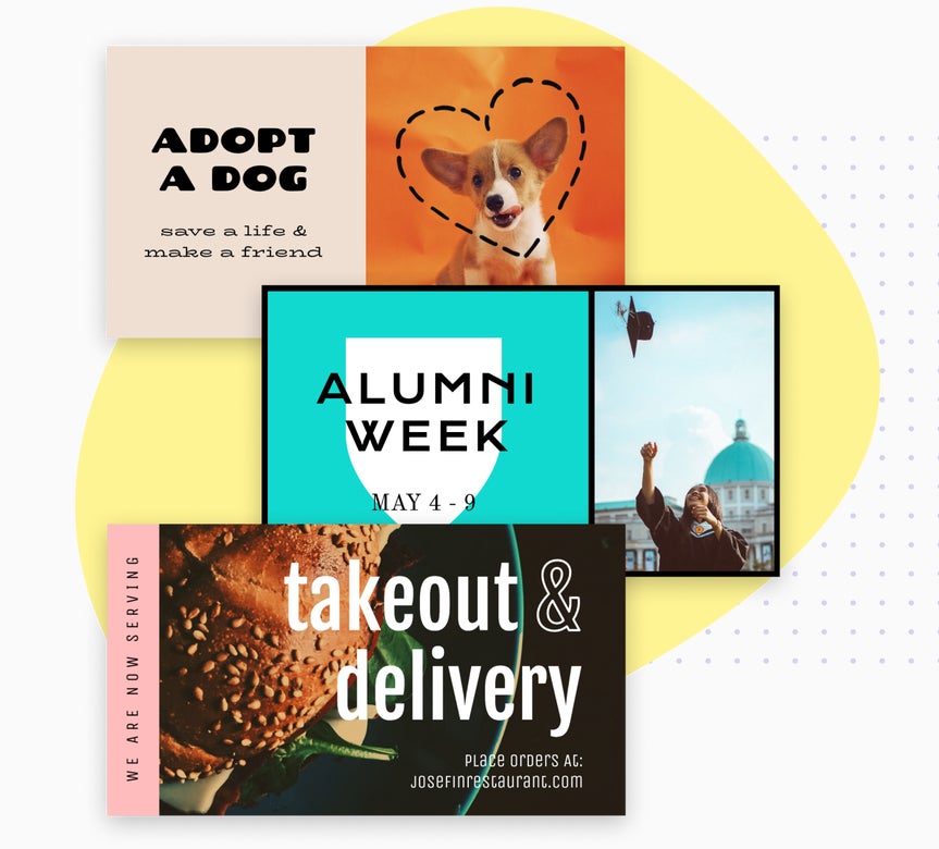 Set of Twitter templates for adopt-a-dog campaign, alumni week celebration, and takeout and delivery promotion