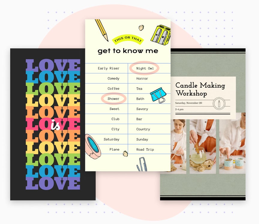 Instagram story templates for social engagement including a pride graphic, a get-to-know-me quiz, and a candle making workshop flyer