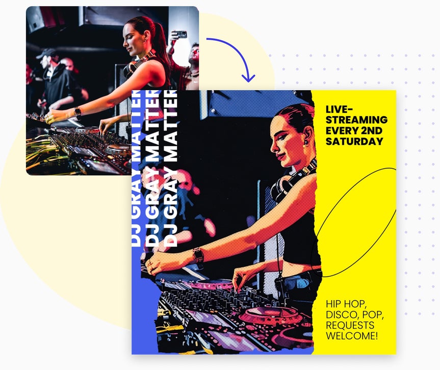 Instagram template showing a photo of a DJ live performance transformed into a bold pop art graphic for a livestream event