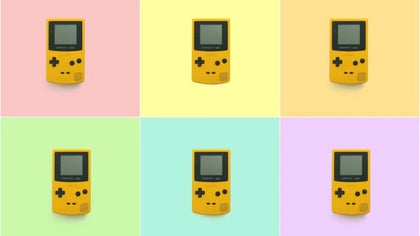 Grid of retro-style game consoles shown in various bright color backgrounds