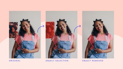 Series of three images showing object eraser removing background clutter from a portrait