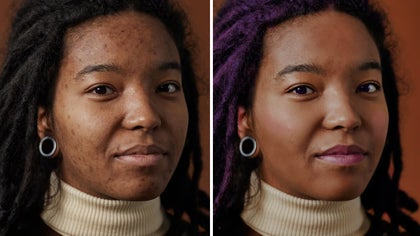 Side-by-side portrait touch up showing clearer skin and enhanced lighting