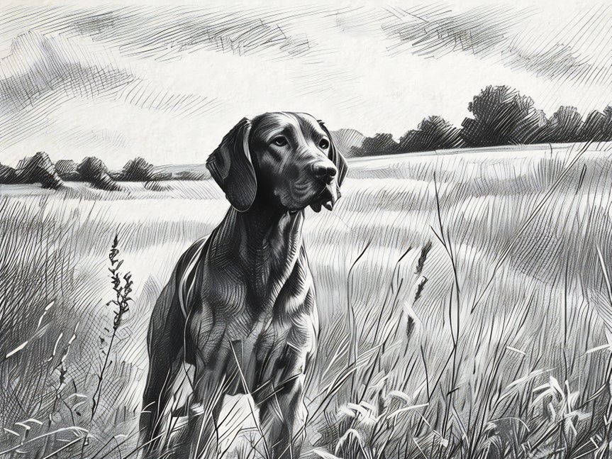 Dog standing in grassy field rendered in pencil-style using cross hatch gfx