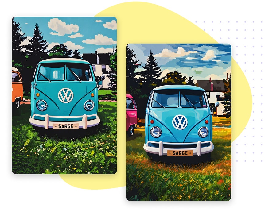 Pop Comic GFX and Vector Pop GFX effects applied to a vintage blue van in a grassy field