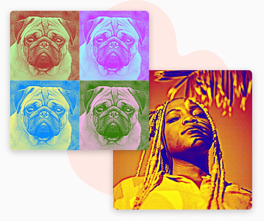 Colorful pug collage and stylized portrait featuring bold pop art filters and halftone textures