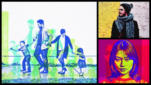 Family walking and two portraits edited with bold pop art colors