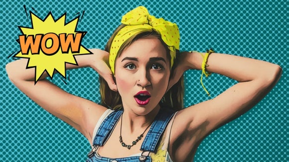 Woman in a surprised pose edited with comic-style pop art and bold WOW text