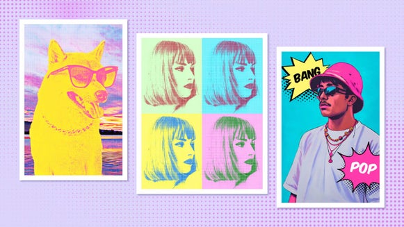 Pop art poster layout with colorful portraits of a cat, a woman, and a man with speech bubbles