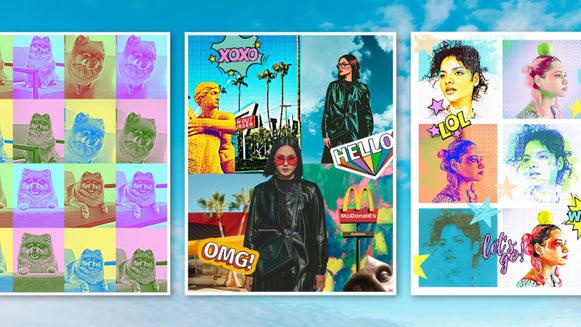Pop art collage of portraits and cartoons with bold colors and comic-style text